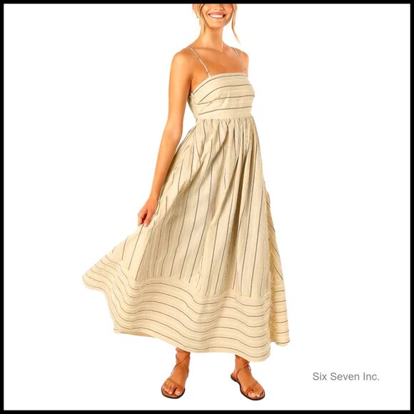 Striped Smocked Back Maxi Dress Elegant Formal Flowy Swing Cut Out Design